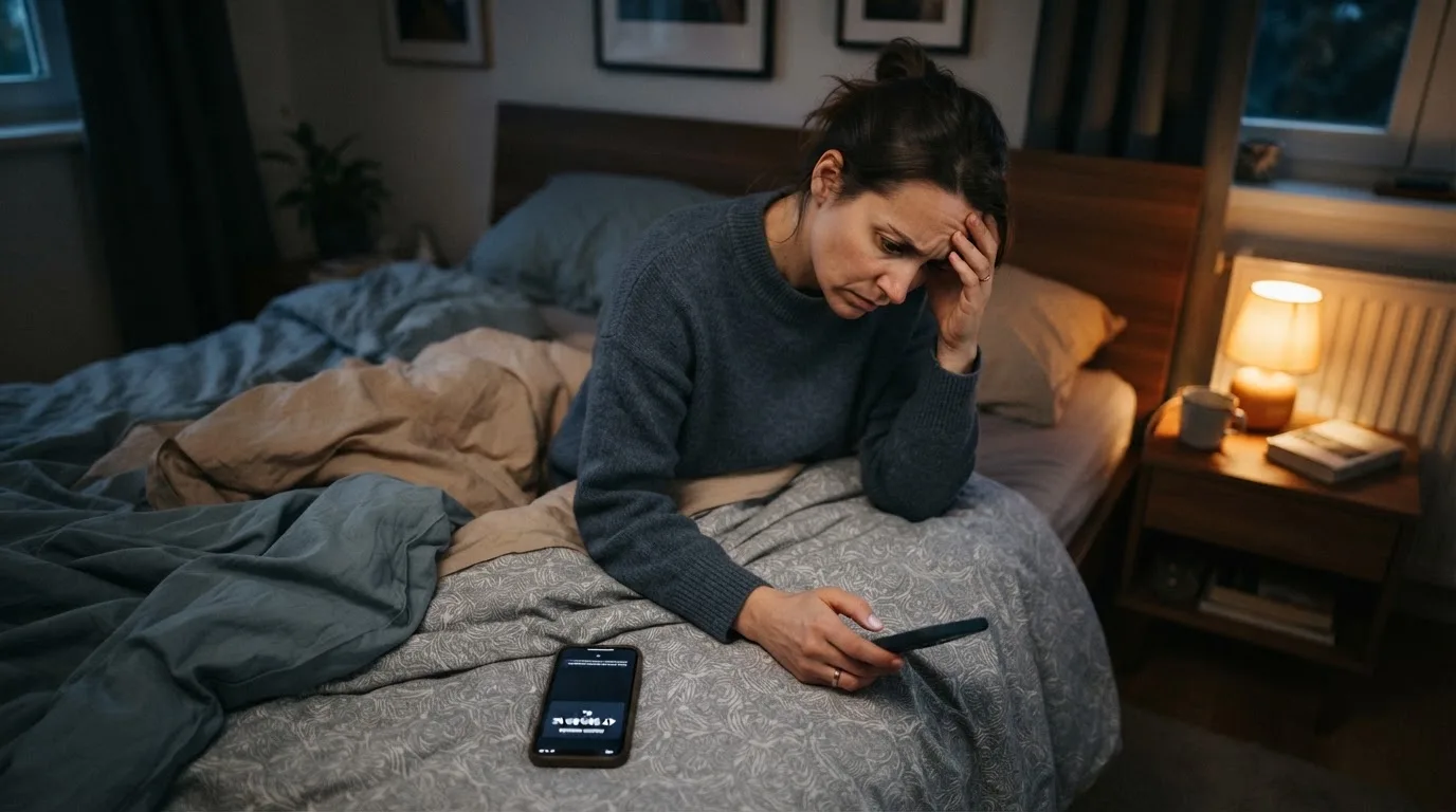 Žena drží v ruce telefon a druhou rukou si promne čelo, výraz unaveného zamyšlení ve večerním pokoji.