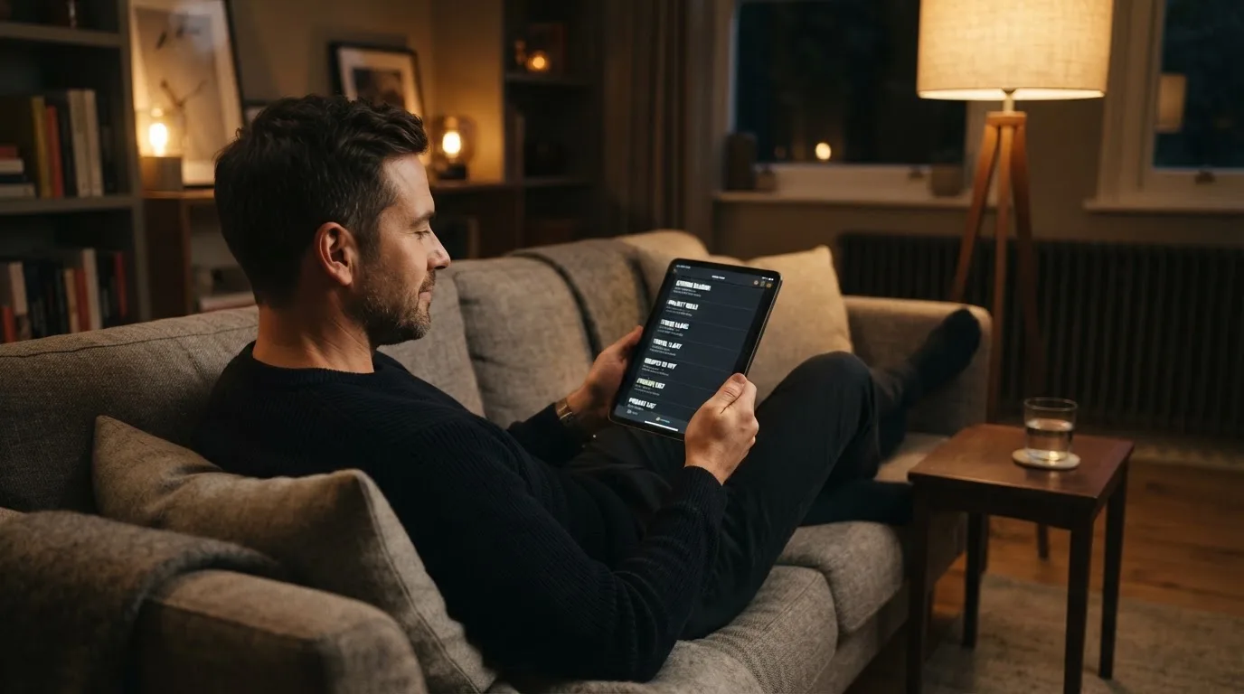Muž na gauči drží tablet a s klidným výrazem prochází obsah na displeji ve večerním světle.
